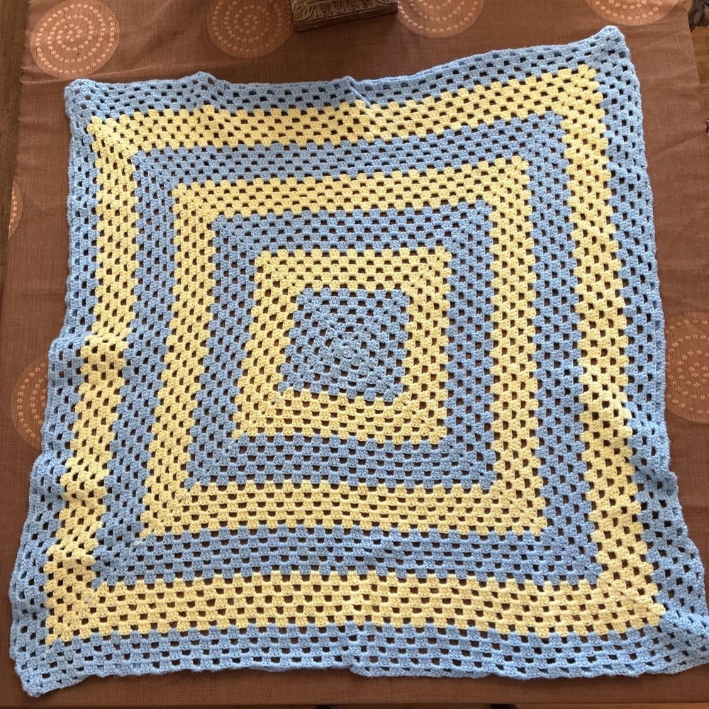 Handmade Baby Blanket Throw 34" X 34"  Blue & Yellow Crochet